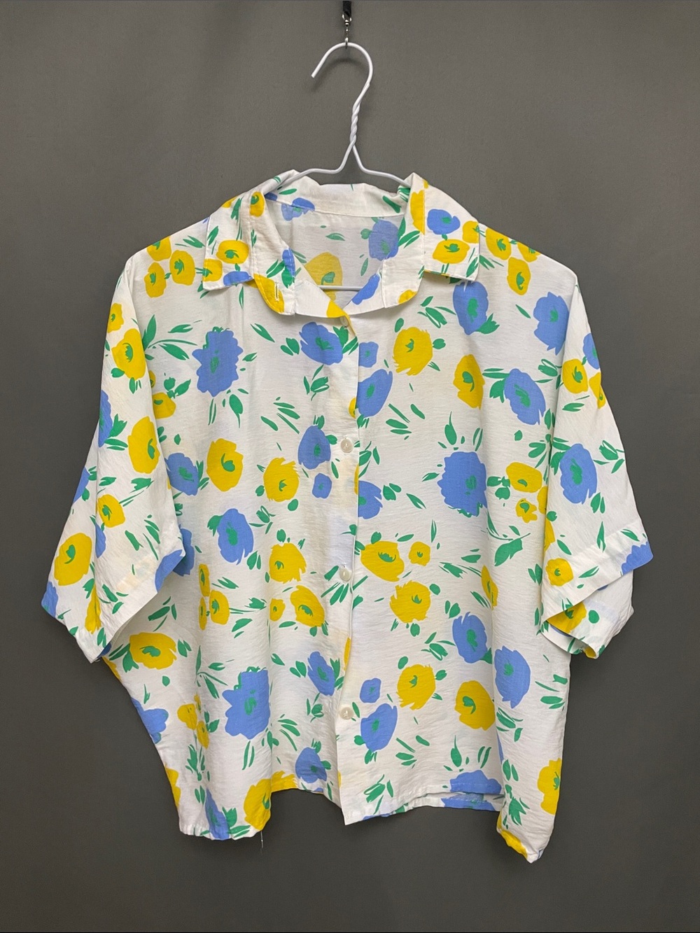 Floral Button-Up Shirt - White with Yellow & Blue Flowers